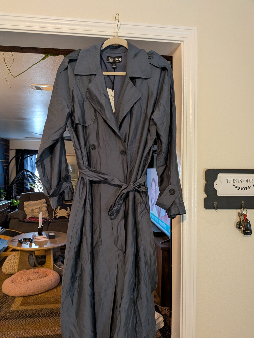 Scoop NYC Long Double-Breasted Trench Coat in Charcoal. Devil Wears Prada